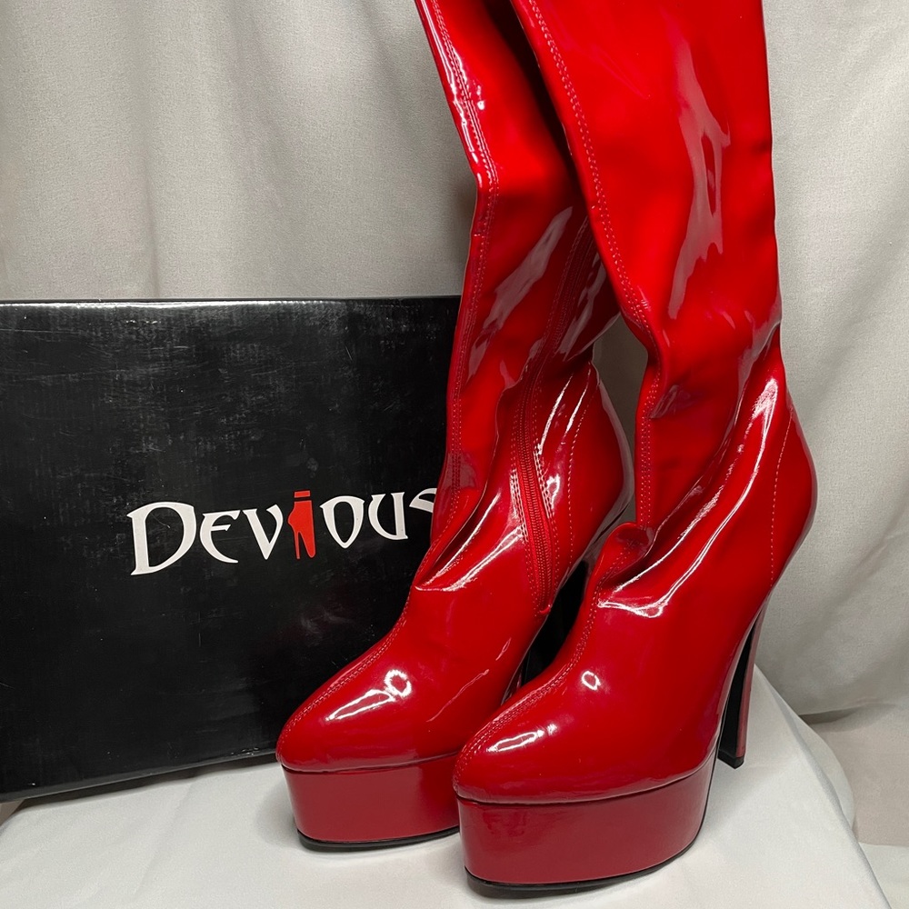 SOLD DEADSTOCK Devious Revenge by Pleaser Red Patent Leather Boot Size 9